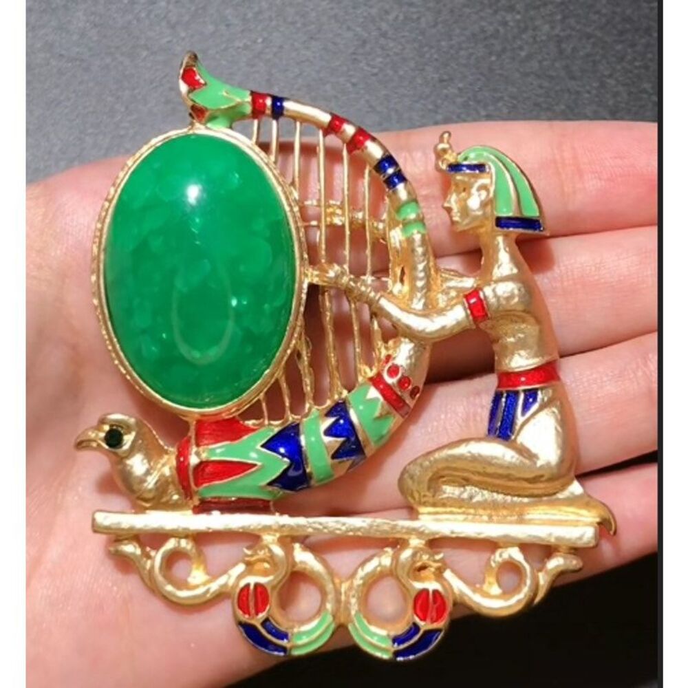 Egyptian Style Brooch Lady Playing a Harp Gold Tone Metal Enamel Faux Large Gem